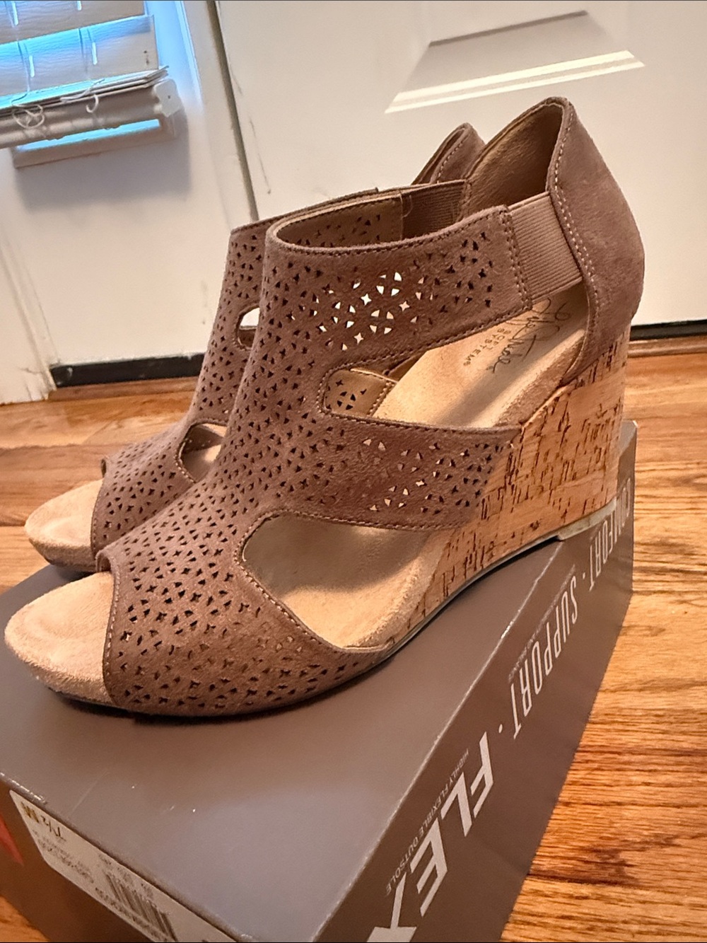 Life Stride Tan Perforated Cork Wedge Sandals
